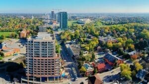 An aerial view of Brampton, Ontario shows a growing city with plenty of green space.