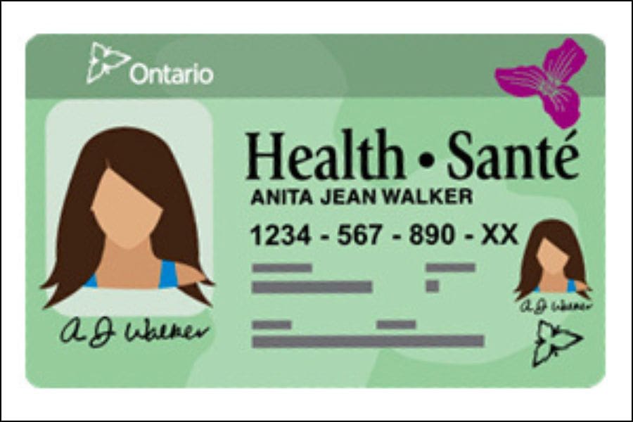 A sample green photo health card used to explain the Ontario health card application requirements.
