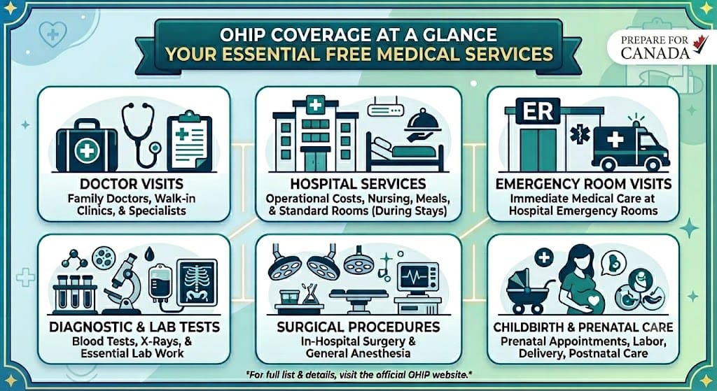 Infographic by Prepare for Canada outlining essential medical services covered by the Ontario Health Insurance Plan (OHIP)