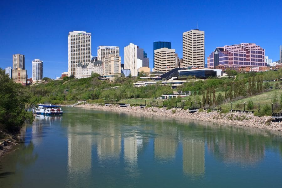 Downtown buildings adjacent to the North Saskatchewan River in Edmonton, Alberta. 