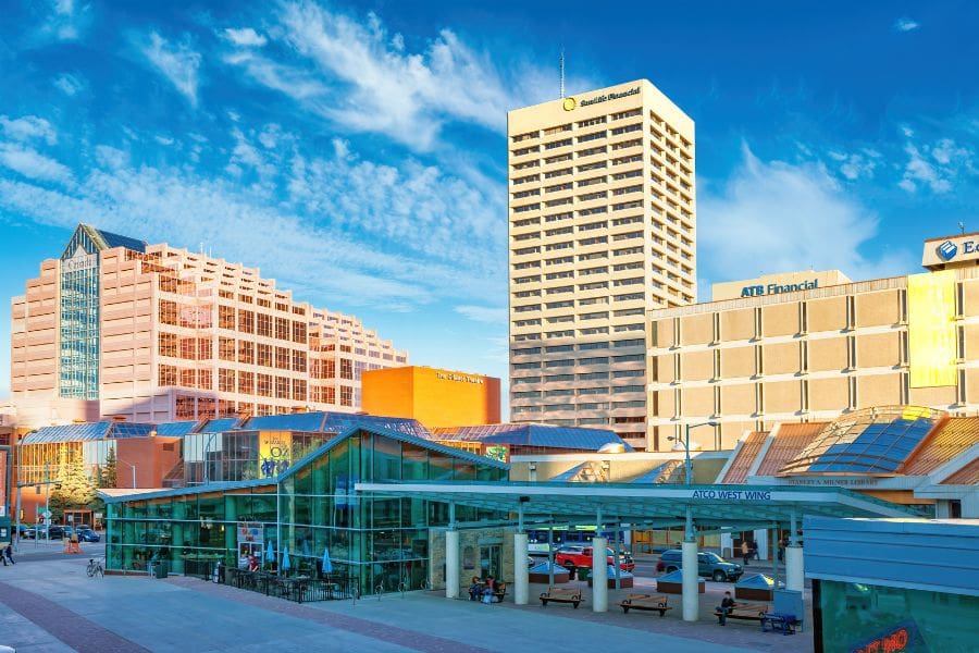 Churchill Square in downtown Edmonton with office towers in the background. 