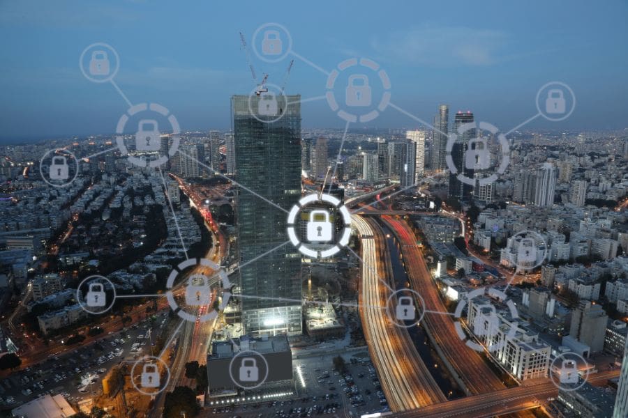 Lock icons over city skyline symbolize online fraud prevention and digital security.