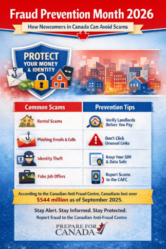 Fraud Prevention Month 2026 infographic showing common scams in Canada and prevention tips for newcomers