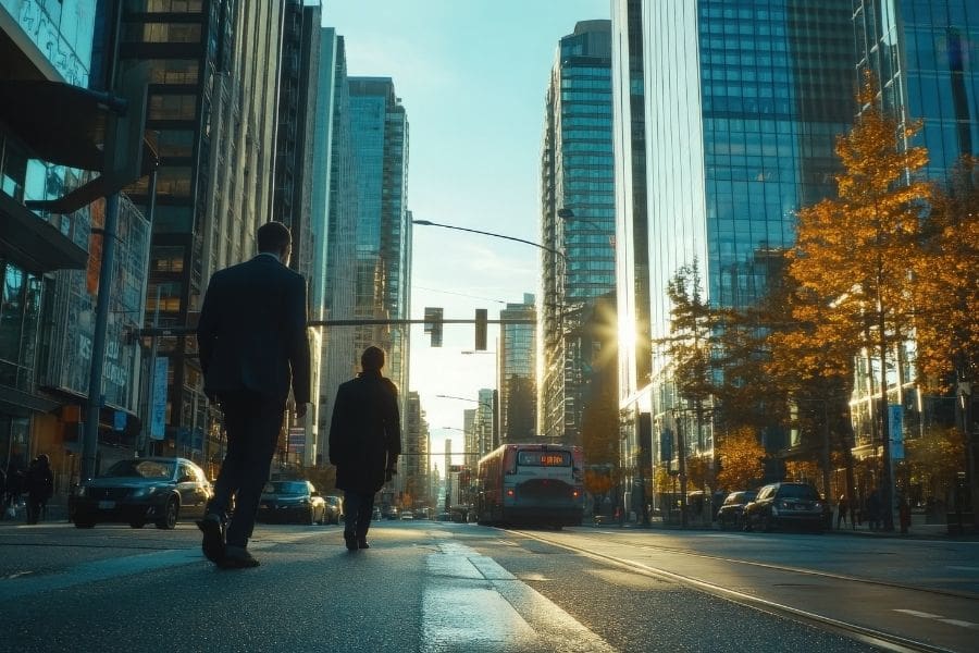 People walking among office towers in downtown Vancouver, reflecting the city’s busy job market and daily work life.