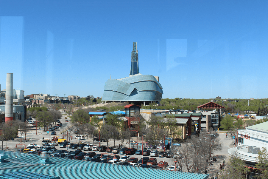 The vibrant Forks Market area and the distinctive Canadian Museum for Human Rights.