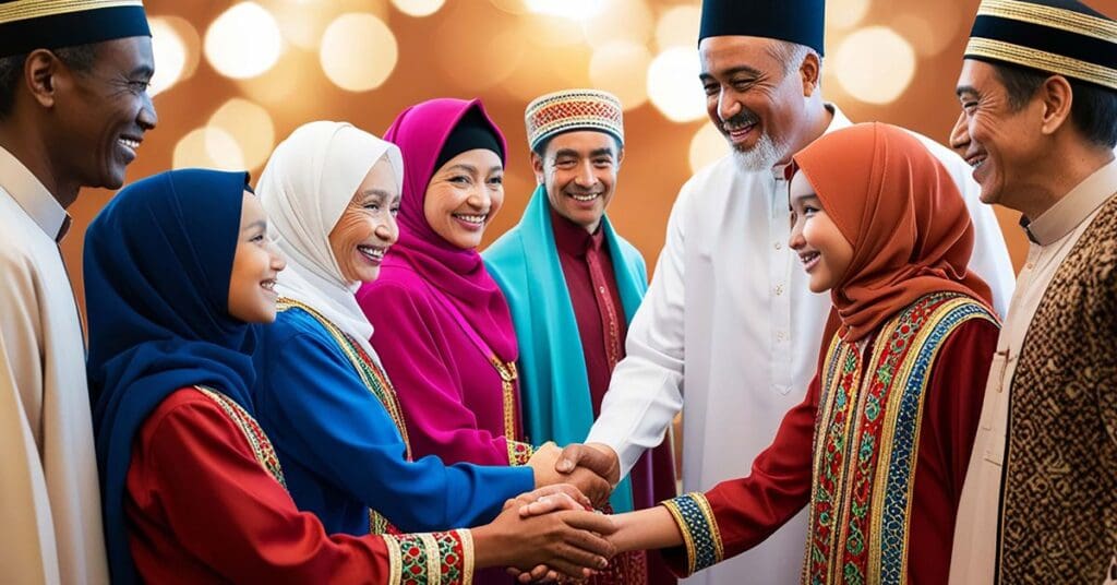 A group portrait of a diverse, multigenerational Muslim community in vibrant traditional clothing, with two adults and two youth shaking hands and smiling warmly.