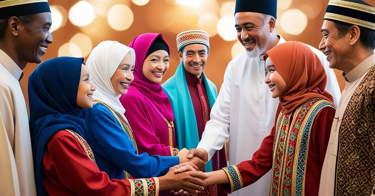 A group portrait of a diverse, multigenerational Muslim community in vibrant traditional clothing, with two adults and two youth shaking hands and smiling warmly.