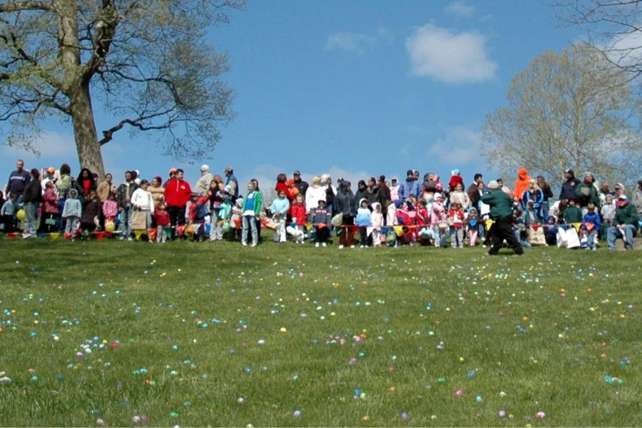 A large crowd of families and children gathered in a grassy Canadian park, waiting for a community egg hunt to begin.