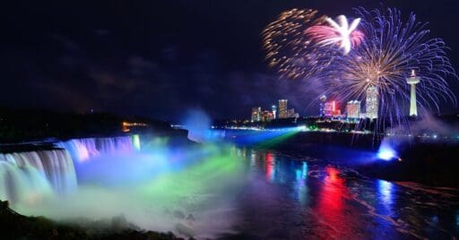 Canada Day celebration with colourful fireworks over Niagara Falls.