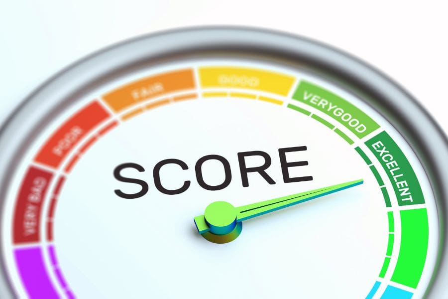 A visual dial showing the Canadian credit score ranges from poor to excellent, highlighting the 300 - 900 scale used by lenders.