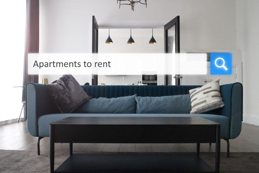 A search bar for apartments to rent in Ontario overlaid on a modern living room, illustrating how newcomers can find housing without a credit history.