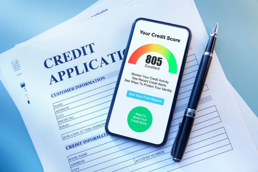 A mobile phone displaying an excellent credit score and a pen are resting on top of a credit application form. Knowing how to build credit in Canada is a wise financial first step.