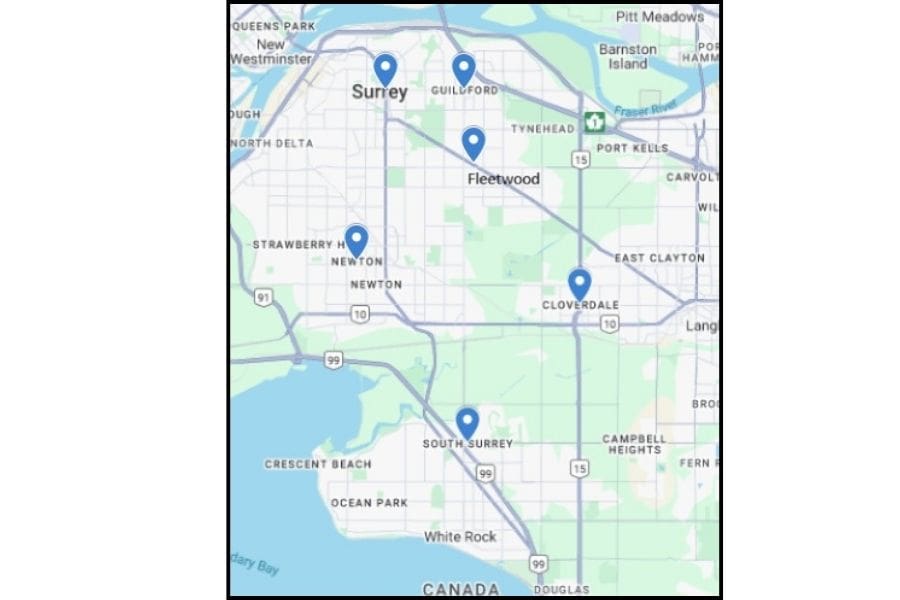 Surrey Neighbourhood Map. The Guildford and Newton neighbourhoods are where newcomers will find the most affordable rent in Surrey, B.C. Canada.