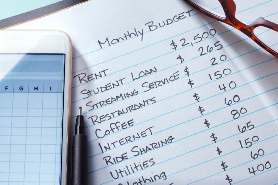 A mobile device and pen rest on top of a list of monthly expenses monthly written on a sheet of paper. Knowing how to save money on rent is vital because it is likely the largest expense for newcomers.