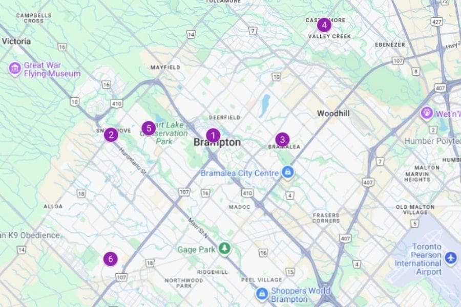 A Google Map with location markers for six neighbourhoods in Brampton that newcomers can consider including: Downtown Brampton,  Snelgrouve, Bramalea, Castlemore, Heart Lake, and Mount Pleasant.