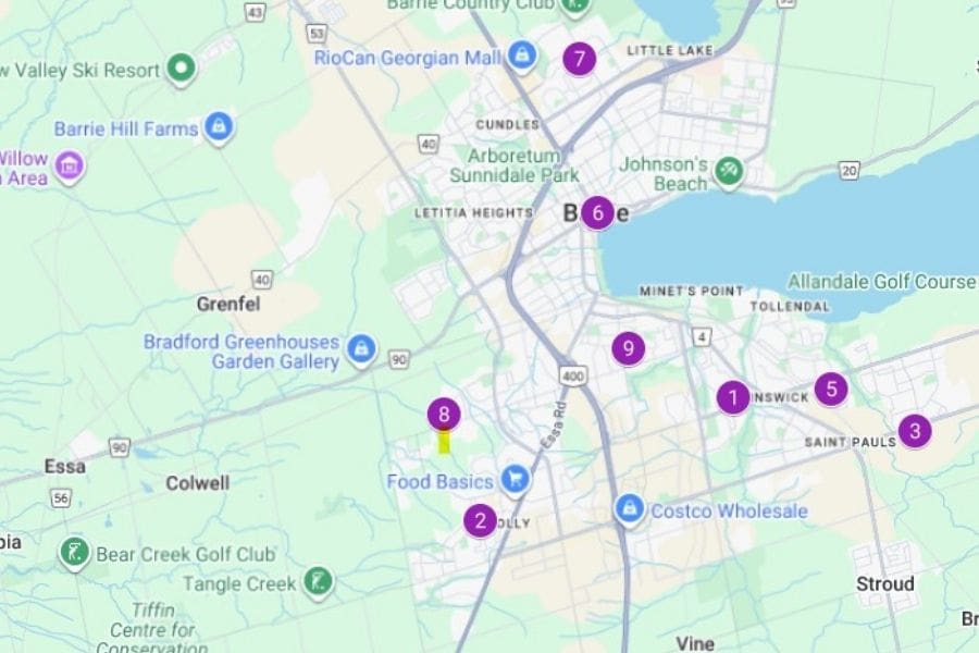 Map of Barrie with neighbourhood markers. 