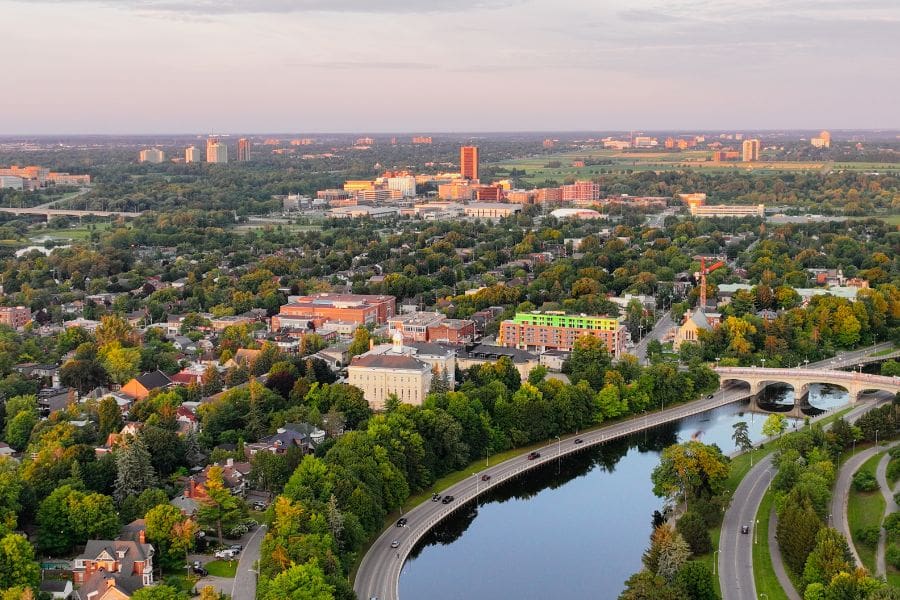 An aerial view of The Glebe neighbourhood with historic homes and tree-lined streets in Ottawa, Ontario, Canada.