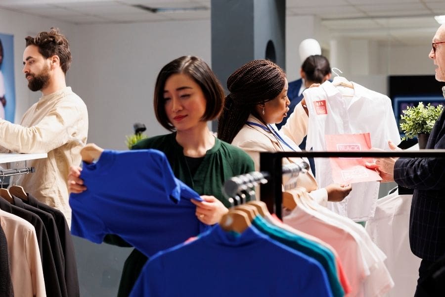 A retail associate helping customers as they look through clothing racks during Black Friday shopping in a Canadian store.