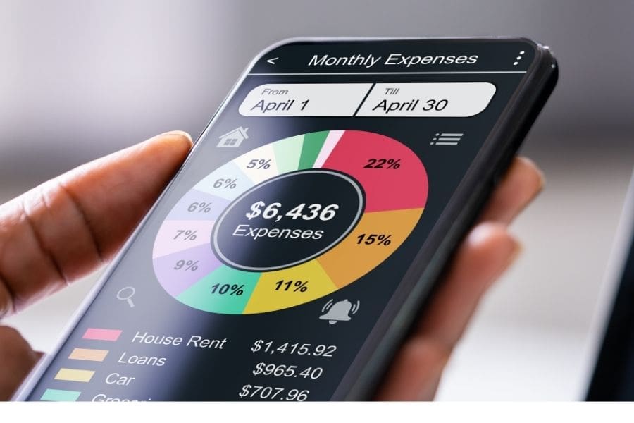 A person is reviewing their personal finances on a budgeting app, tracking expenses for life in Canada. 