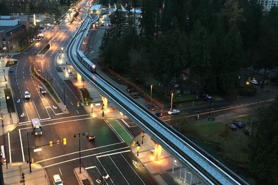 A TransLink SkyTrain leaving the Coquitlam Station in Metro Vancouver.