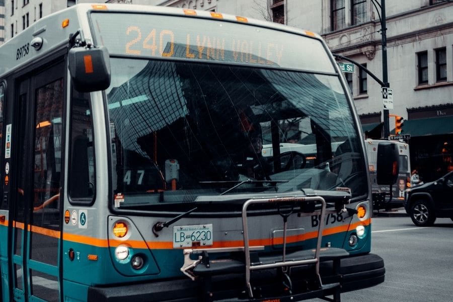 Vancouver public transit bus travelling through downtown.