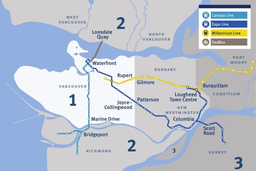 Vancouver public transit fares zones (SkyTrain, Seabus, Bus Fare).