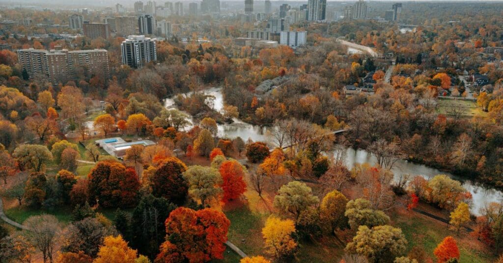 View of London, Ontario neighbourhoods along the Thames River on an autumn day.