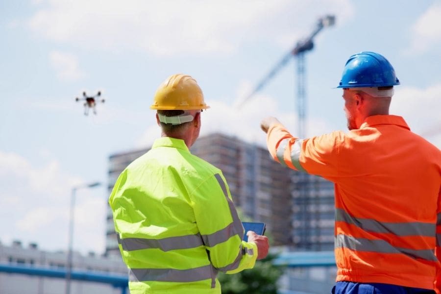Engineers observing a drone on a construction site, showing the growth of purpose-built apartments increasing supply in the rental market in Canada in 2026.