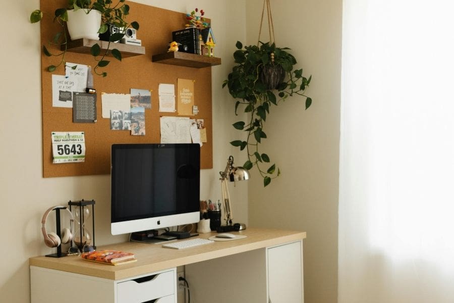 Home office setup in a second bedroom of an apartment in Canada.