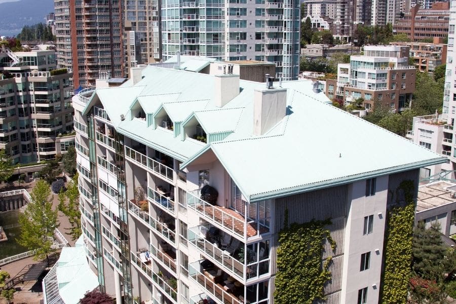 A high-angle view of purpose-built rental apartments in the Vancouver rental market, highlighting the record-high vacancy rates and new housing supply in 2026.