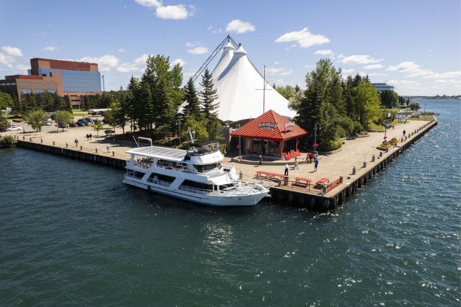 Roberta Bondar Pavilion and marina on the waterfront boardwalk in Sault Ste. Marie, Ontario.