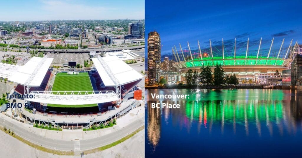 Split screen of Toronto and Vancouver stadiums for our guide on finding short-term rentals World Cup 2026 newcomers can afford