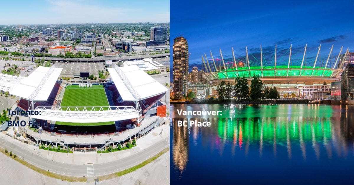 Split screen of Toronto and Vancouver stadiums for our guide on finding short-term rentals World Cup 2026 newcomers can afford