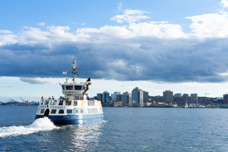 The Halifax Transit ferry 'Vincent Coleman' crossing the harbour between downtown Halifax and Dartmouth in 2026.