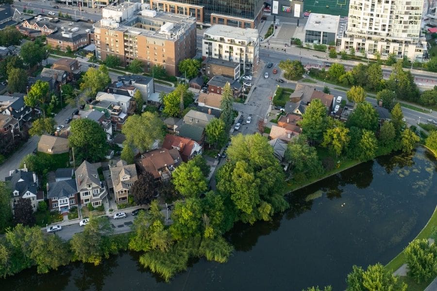 High-angle view of the Glebe neighbourhood. The Glebe is one of the best Ottawa neighbourhoods for students and young professionalsntial neighbourhood with a mix of multi-story apartment buildings and traditional detached homes.