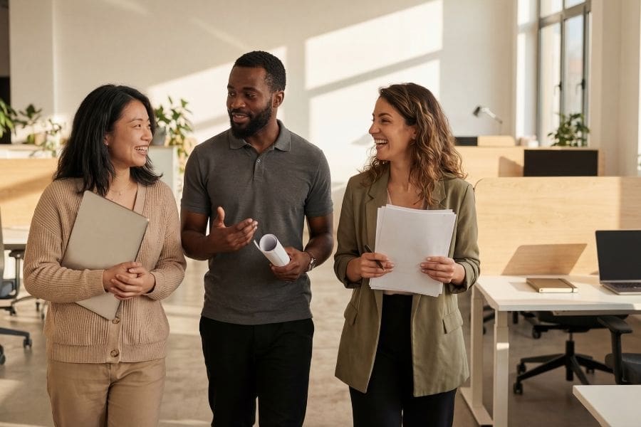 Three diverse professionals walking and talking in a modern Canadian office, illustrating networking and the hidden job market.