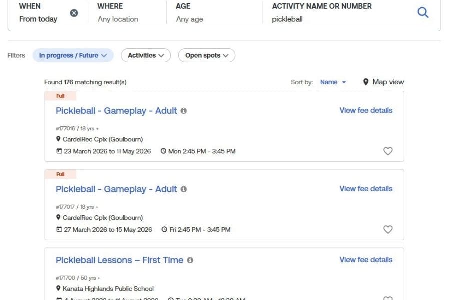 A screenshot of the City of Ottawa registration portal showing pickleball program codes and the wishlist heart icon.