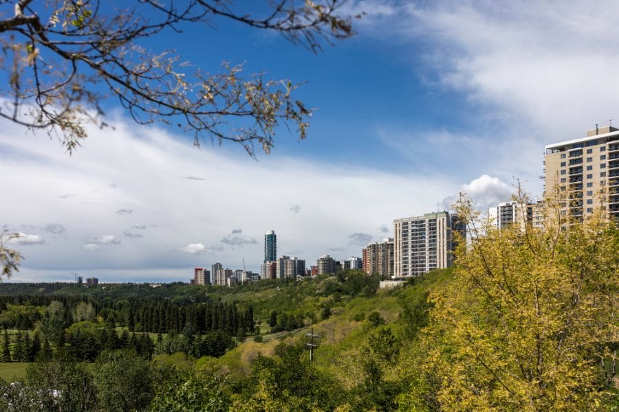 High-rise apartment buildings along the River Valley in the Oliver neighbourhood, showcasing residential choices for newcomers.