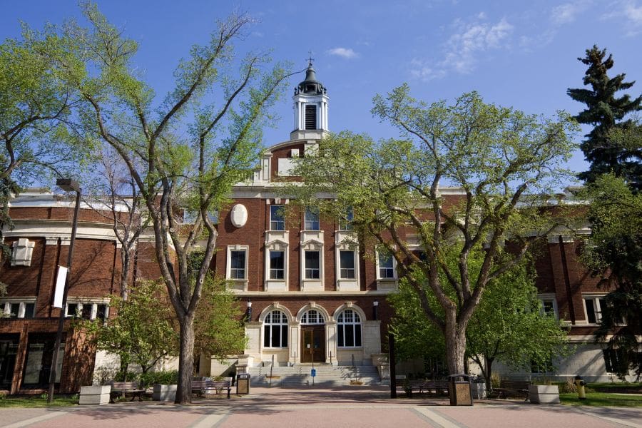 The historic brick facade of Old Scona Academic High School, an excellent option for families researching education options when living in Edmonton.