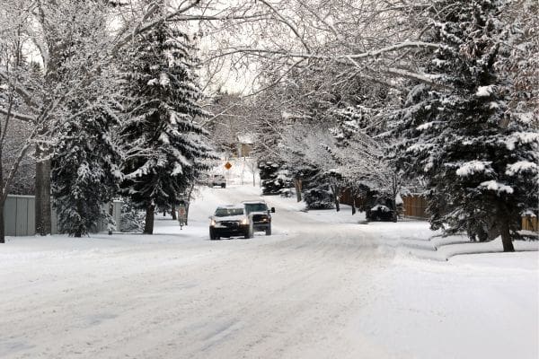 Cars driving carefully down a snowy residential street lined with snowy evergreen trees during a Canadian winter storm.