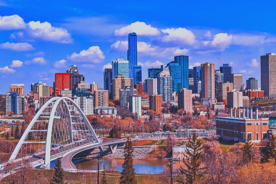 The modern downtown skyline and Walterdale Bridge in Edmonton, Alberta, a top choice for affordable newcomer housing.