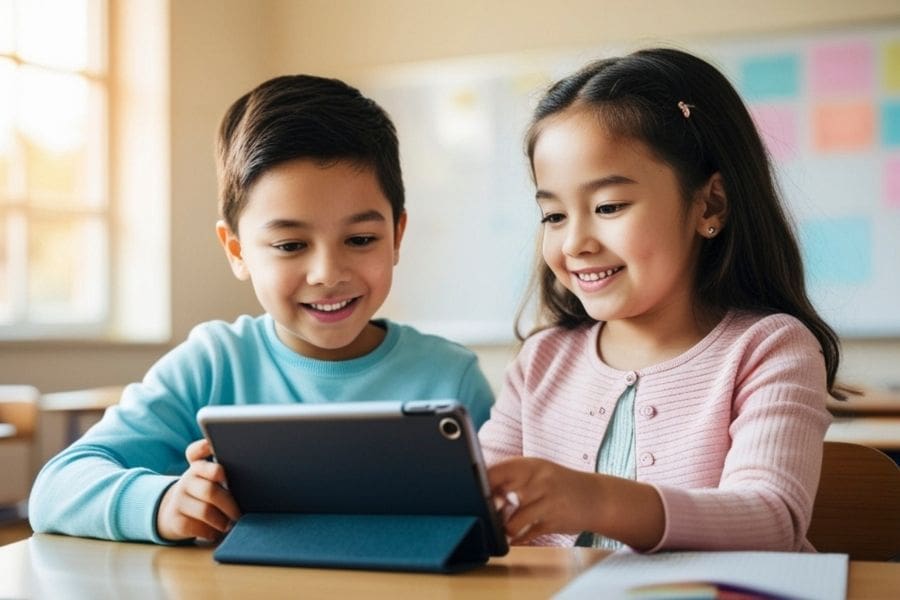 Two young elementary students smiling and using a tablet in a bright classroom, showcasing education options for families living in Vancouver.