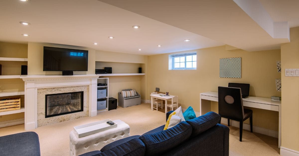 Bright and modern living room furnished for renting a basement apartment in Canada.