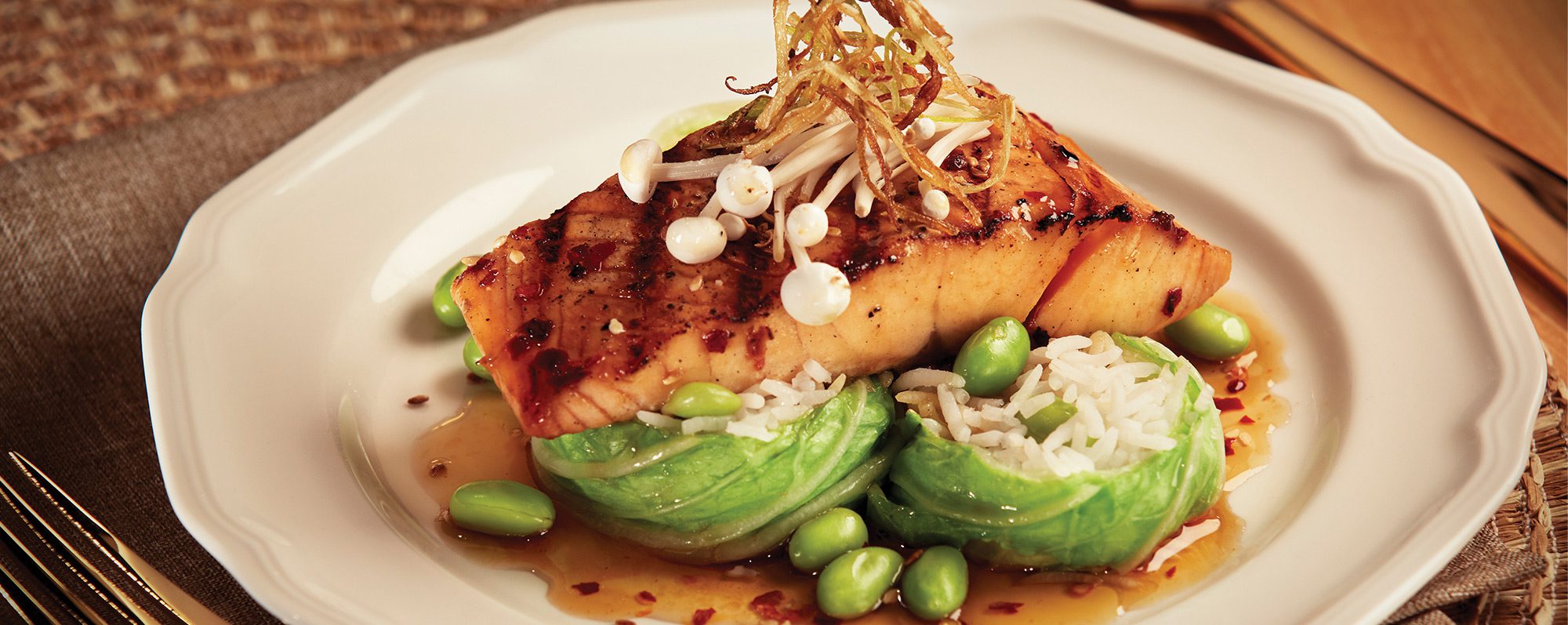 entree Sweet Sesame Soy Grilled salmon headers